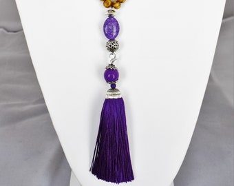 Lightweight Wooden Beaded Purple Tassel Necklace