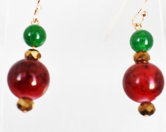 Red and Green Beaded Drop Earrings