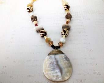 Beaded Shell Necklace with White Shell Teardrop Pendant