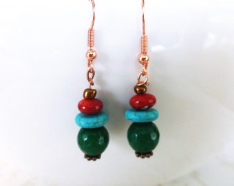 Red, Green, and Turquoise Dangle Earrings