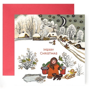 Carte de joyeux Noël, carte de Noël d'hiver de village, scène enneigée d'art populaire, hiver russe, cartes de Noël d'Europe de l'Est, Yuri Vasnetsov