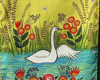 Colourful folk art kitchen towel, White swan tea towel, Organic cotton, UK made