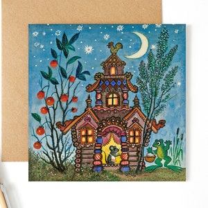 Jolie jolie maison avec une petite souris et une grenouille, carte de conte de fées, nouvelle carte de maison originale