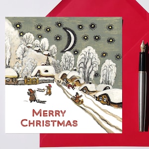 Carte de Noël, Luge, Carte d’art Joyeux Noël, Village enneigé, Paysage d’hiver, Carte de vœux vierge