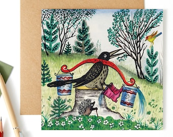 Thrush bird in boots and hedgehog blank greeting card, Wild bird art card, Fairytale bird by Yuri Vasnetsov