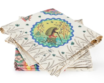 Organic cotton cloth napkins made in the UK, Folk art table textile décor, Animal art linen napkins, Luxury napkins