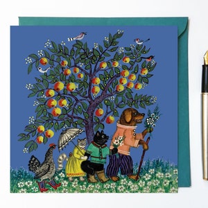 Carte de voeux amusante avec illustration d'animaux, carte d'anniversaire art animalier, chien déguisé, chats, poule, carte de pommier, cartes de voeux Royaume-Uni
