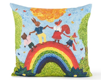 Bright and colourful rainbow cushion cover, Decorative pillow for nursery, Happy fun animals for kids room, Made in the UK, Organic cotton