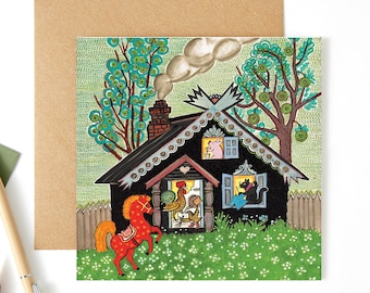 Colourful animal card, Different new home card, Fairytale cabin with animals, illustration by Yuri Vasnetsov