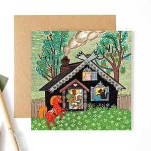 Farm animals card, Different new home card, Fairytale cabin with animals, illustration by Yuri Vasnetsov