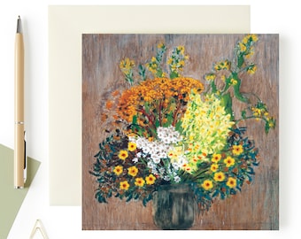 Blank art card with flowers - Yellow flowers bouquet - Meadow Flowers Painting - Greeting card for her - Floral birthday greetings card
