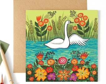 Colourful floral art card, White swan, Folk art blank card, Yuri Vasnetsov, Get better card, Birthday card for her