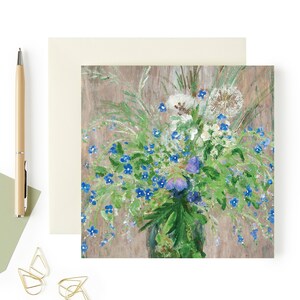 Petite carte d'art fleurs bleues - Bouquet de fleurs sauvages - Carte de voeux vierge - Carte de fleurs délicates - Carte de voeux shabby chic
