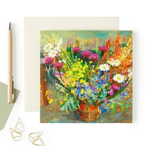 Floral art card - Daisies and Thistle - Wild Flowers Bouquet - Blank Greeting Card - Bright Colourful Flowers Card - Cards for gardeners