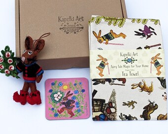 Gift bundle Bunny - organic cotton tea towel, cork coaster, felt wool decoration