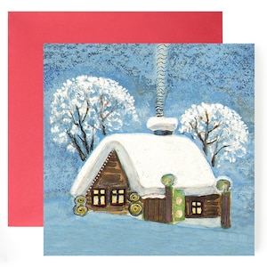 Cabane en rondins sous couverture de neige - Carte d’hiver vierge - Village enneigé - Art populaire - Art russe - Europe de l’Est - Yuri Vasnetsov