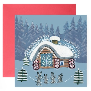 Carte de Noël mignonne, Carte d’hiver vierge, Cabane en rondins dans la forêt, Petits lapins en hiver, Illustration de conte de fées de neige par Yuri Vasnetsov