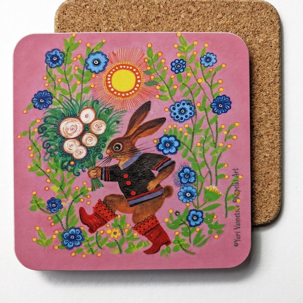 Bunny in boots pink drink coaster, Blue and pink folk art, Easter basket filler - Hare illustration by Yuri Vasnetsov