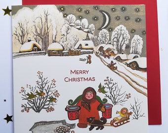 Russian Folk Winter Merry Christmas A Boy with a Bullfinch Blank Inside Greeting Cards A Pack of 5 Christmas Cards with Envelopes