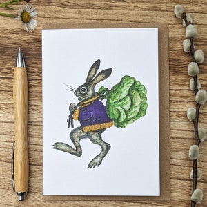 Bunny with Cabbage greeting card, Blank Easter note card with hare