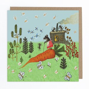 Carte de voeux de souris et de carotte, mulot, carte d'illustration de loir, art folklorique russe de conte de fées, Yuri Vasnetsov, carte de voeux vierge