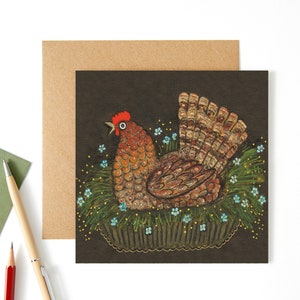 Carte de voeux poulet, jolie carte de poule brune - Art populaire de poulet, carte pour les agriculteurs, Yuri Vasnetsov - Carte de voeux vierge au Royaume-Uni