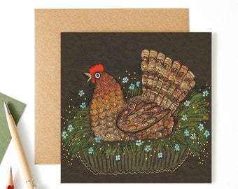 Folk Art Chicken Greetings Card, Yuri Vasnetsov Illustration