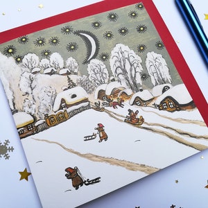 冬のソリ遊び - 空白の冬のカード - 冬の楽しみ - 雪の村 - 民芸品 - ロシア美術 - 東ヨーロッパ - ユーリ・ヴァスネツォフ