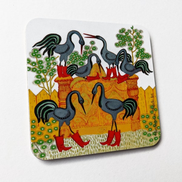 Crane Birds Cork Coaster - Folk Art - Little Easter Gift - New Home Present - Housewarming Gift -  Folk Art Home Decor - Yuri Vasnetsov