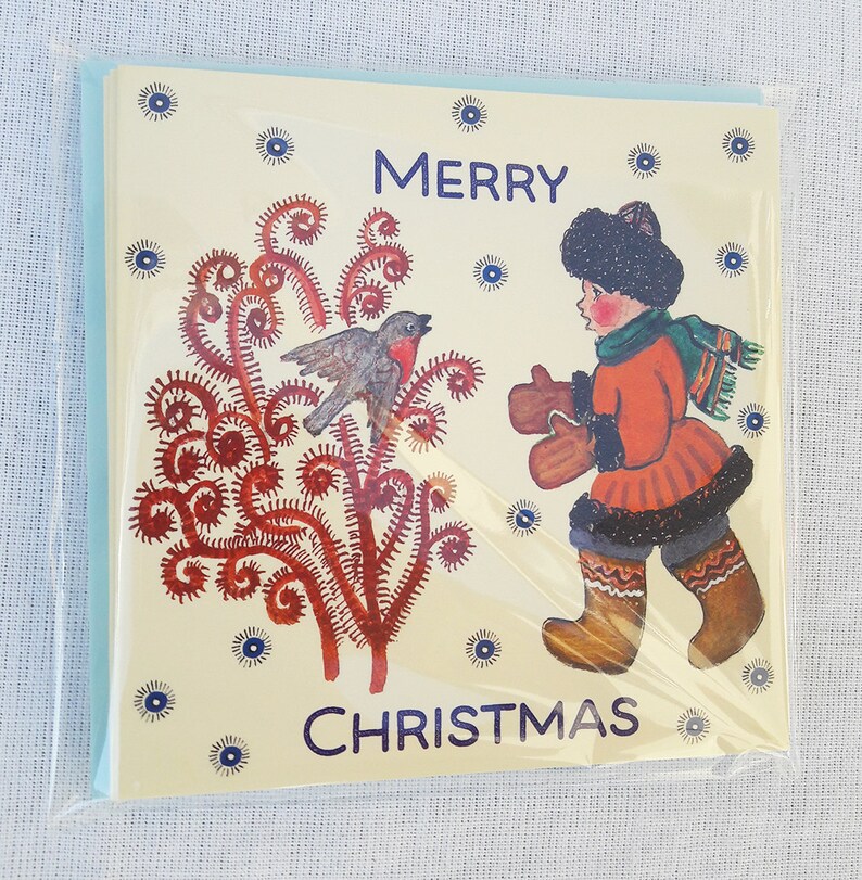 Russian Folk Winter Merry Christmas A Boy with a Bullfinch Blank Inside Greeting Cards A Pack of 5 Christmas Cards with Envelopes