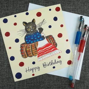 Couture carte d'anniversaire chat, amoureux des chats, tricot, cadeaux chat, folklore russe, Yuri Vasnetsov, carte de voeux vierge, carte de joyeux anniversaire chat
