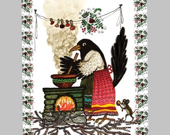 Crow in apron cooking kitchen towel - Magpie in apron - Fairytale crow cooking - Kapelki Art tea towel