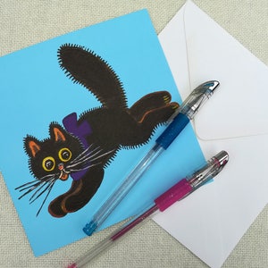 Carte chat noir avec un noeud, amoureux des chats, carte bleue, chat charismatique, art populaire russe, Yuri Vasnetsov, carte chat inhabituel