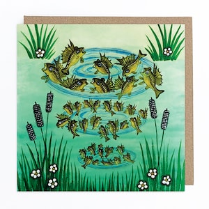 Carte de voeux de poisson, carte d'étang à poissons de perche, carte de papier recyclé, carte de voeux d'art vierge au Royaume-Uni