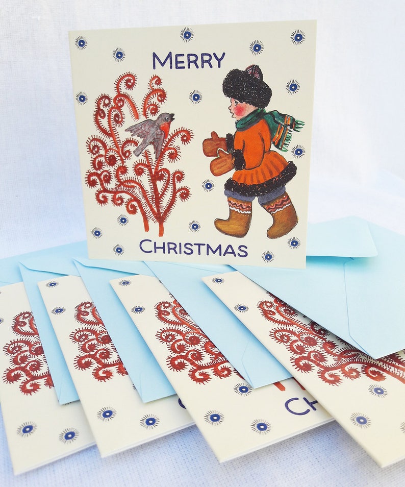 Russian Folk Winter Merry Christmas A Boy with a Bullfinch Blank Inside Greeting Cards A Pack of 5 Christmas Cards with Envelopes