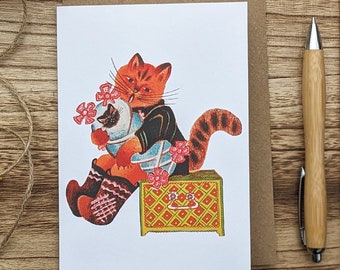 Ginger cat with baby kitten, Fairytale art note card