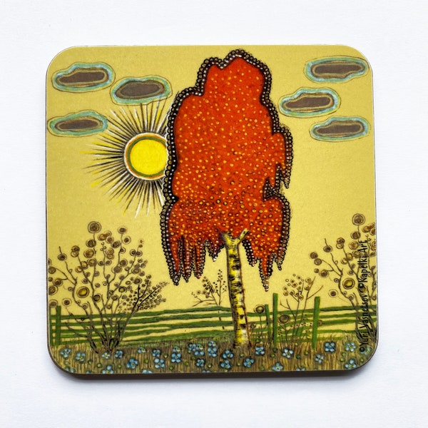 Birch Tree Cork Coaster, Sunny Coaster, Warm Amber Colours, Folk Art, Small Gift, New Home Gift, Stocking Filler, Yuri Vasnetsov