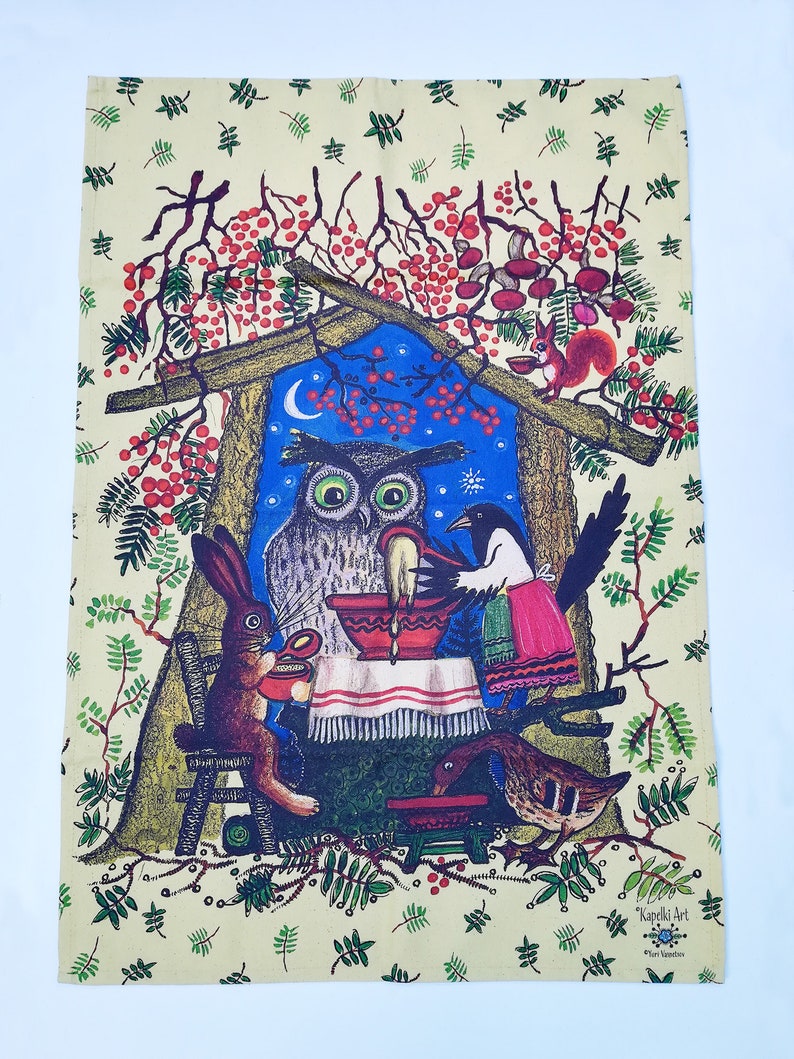 Folk Art Easter Quirky Animals Unusual Tea Towel Yuri Vasnetsov Owl Tea Towel Russian Home Colorful Home Kitchen Textile