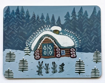 Fairytale Christmas tablemat - Winter placemat and coaster - Bunnies in winter forest placemat - Gingerbread house in snow - Yuri Vasnetsov