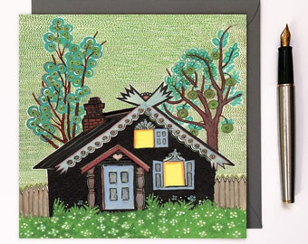 Blank new home card - Log cabin art card - Fairytale house - Housewarming - Country house card - Russian folk art