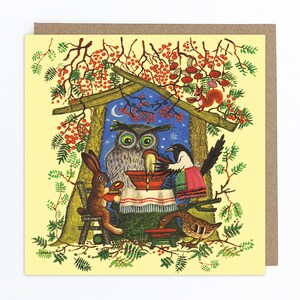 Animaux des bois - Conte de fées russe - Hibou sage - Pie - Lièvre - Art populaire russe - Yuri Vasnetsov - Carte des bois - Animaux au dîner