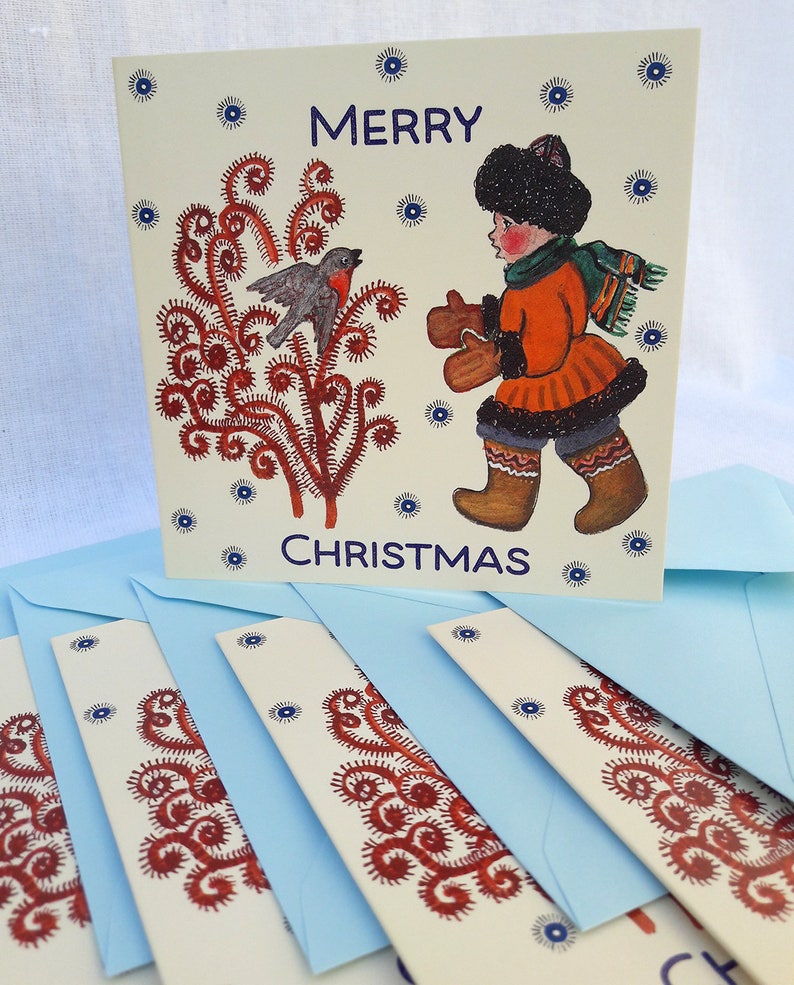 Russian Folk Winter Merry Christmas A Boy with a Bullfinch Blank Inside Greeting Cards A Pack of 5 Christmas Cards with Envelopes