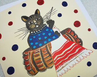 Knitting, Craft Lover, Sewing Cat, Cat Card, Colourful Folk Art Card, Russian Folk, Yuri Vasnetsov, Blank Greeting Card