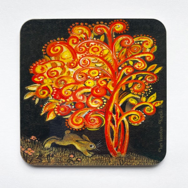 Drink coaster with red and black folk art, Tree lover gift, Woodland hare, Cork Coaster, New Home Gift, Folk Art Gift, Father's Day gift
