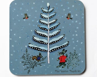 Winter coaster - Drink coaster - Blue Christmas home - Cute animals in winter - Winter illustration - Christmas stocking