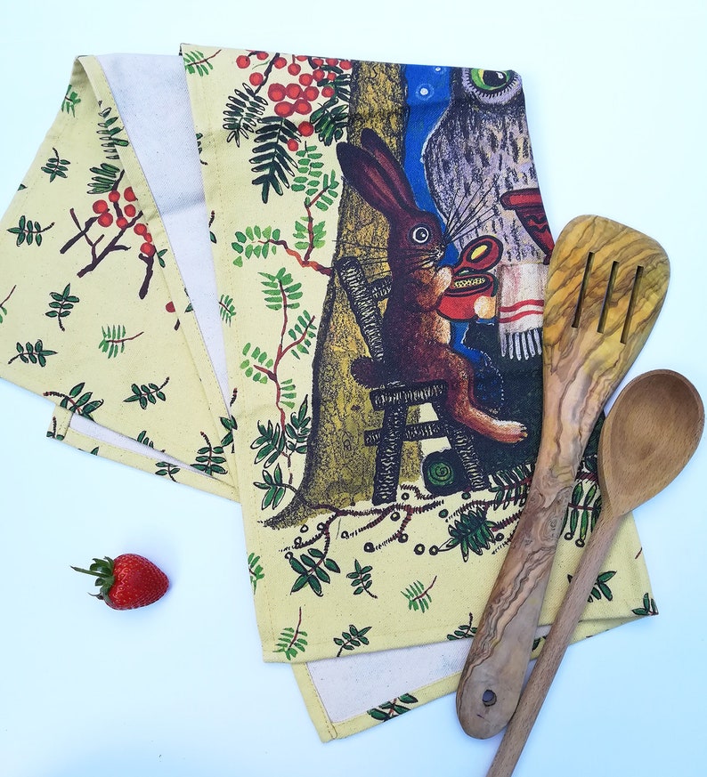 Folk Art Easter Quirky Animals Unusual Tea Towel Yuri Vasnetsov Owl Tea Towel Russian Home Colorful Home Kitchen Textile