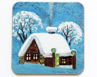 Cabin in snow cork coaster, Stocking Filler, Small Christmas gift, White and blue Christmas table, Folk art gift, Yuri Vasnetsov