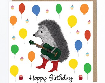 Hedgehog Birthday card, Hedgehog in kinky boots with ukulele greeting card, Cheerful card for hedgehog fans