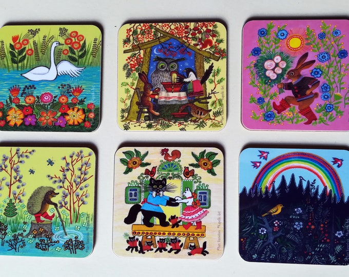 Set of 6 Colourful Coasters, Bright table décor, Choose your own set, Colourful folk art gift, New home, Colourful home, Yuri Vasnetsov