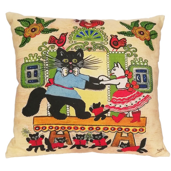 Fun cat cushion cover, Easter gifts for cat lovers, Mother's day, Throw pillow, Folk art home textile, cat print pillow, Yuri Vasnetsov